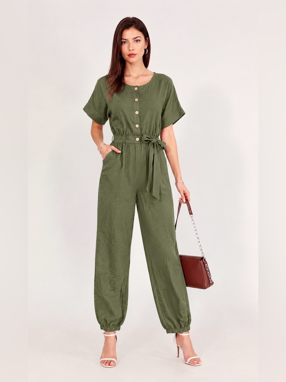 A568 Green Short-Sleeve Button Front Jumpsuit with Tie Waist NEW